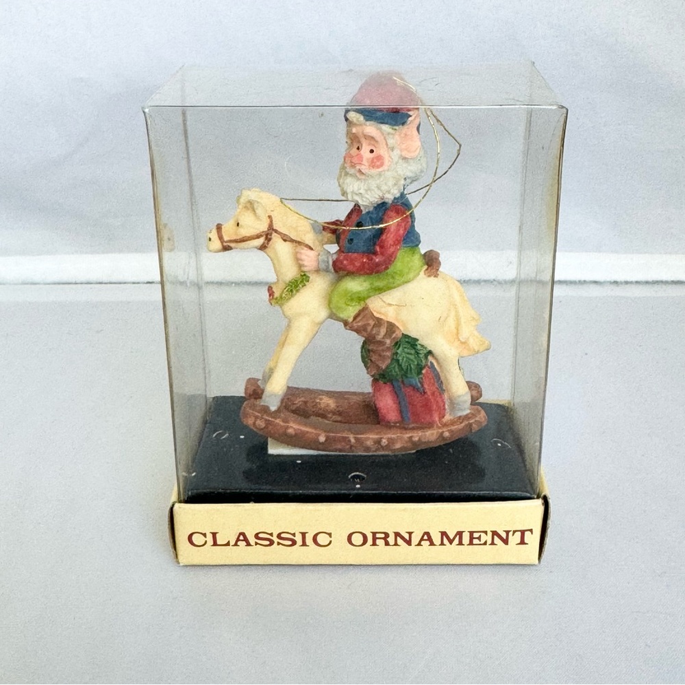 Vintage Santa Christmas Elf Rocking Horse Ornament 90s Rustic Albert Price NEW